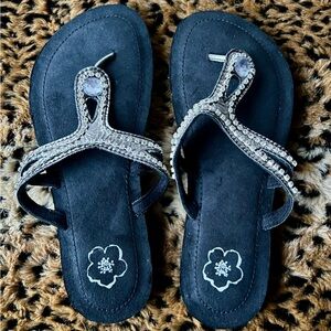 Black Jeweled T-Strap Sandals with Crystal Accents – Approx. Size 7